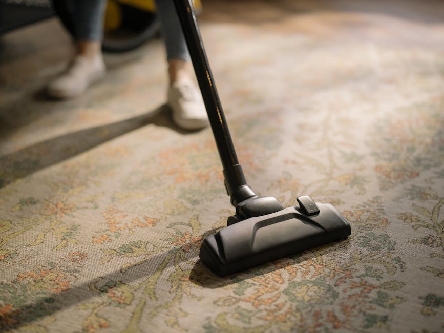A close-up view of a vacuum cleaner head actively cleaning a patterned carpet, with the person's legs visible in the background. The carpet features an intricate floral design in muted shades of beige, green, and orange. The vacuum cleaner is black with a textured surface, and a small control switch is visible on its top. The scene is lit with soft, natural lighting, highlighting the cleanliness of the carpet and the effectiveness of surface cleaning. This image showcases the process of deep cleaning carpets in a residential setting, aligning with Kentish Town Carpet Cleaners' expertise in proper hygiene maintenance and highlighting common mistakes in carpet cleaning that landlords should avoid for optimal sanitation and longevity.