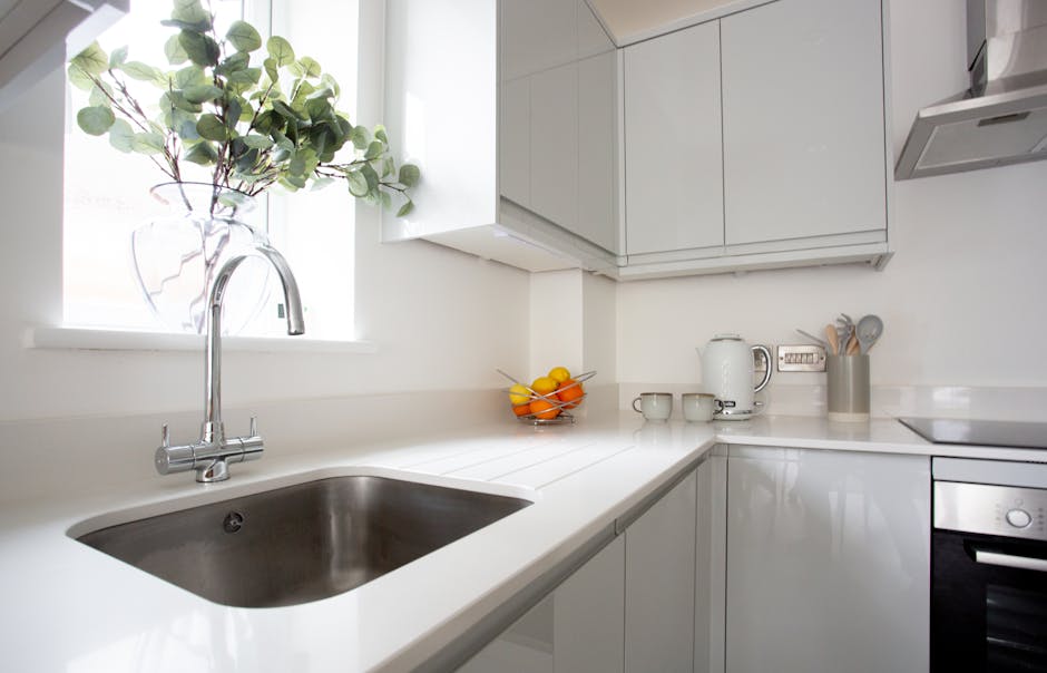 A bright, modern kitchen with a white countertop and matching white cabinets. The stainless steel sink is centrally located beneath a window, allowing natural light to illuminate the space. On the windowsill, there is a glass vase containing a leafy green plant, adding a touch of freshness. The countertop is clean and tidy, with a bowl of fresh fruit, a white electric kettle, and two cups neatly arranged. To the right, there are utensils in a stainless steel holder and a ceramic stovetop with a stainless steel oven beneath. The overall appearance of the kitchen is hygienic and well-maintained, reflecting professional surface cleaning and sanitisation typical of end-of-tenancy deep cleaning services offered by Kentish Town Carpet Cleaners at [PAGE_TITLE]. The lighting is natural and soft, emphasizing the cleanliness and pristine condition of the surfaces.
